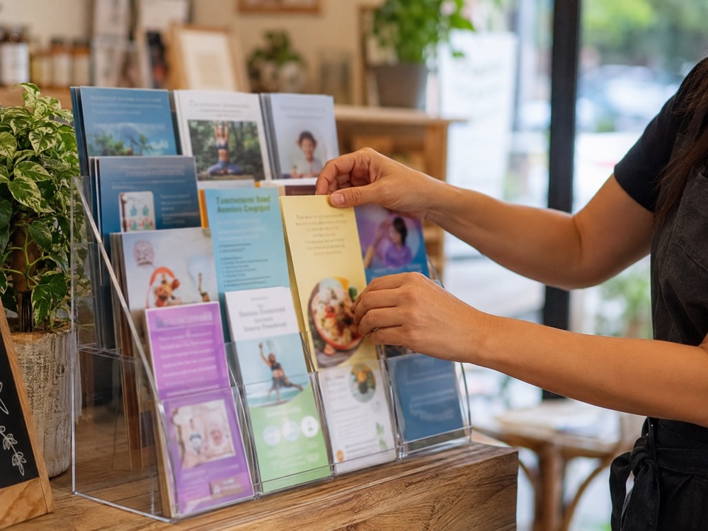 Flyers displayed in a brochure stand on a counter