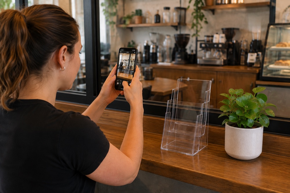 A business owner photographing a brochure stand on their counter with a phone