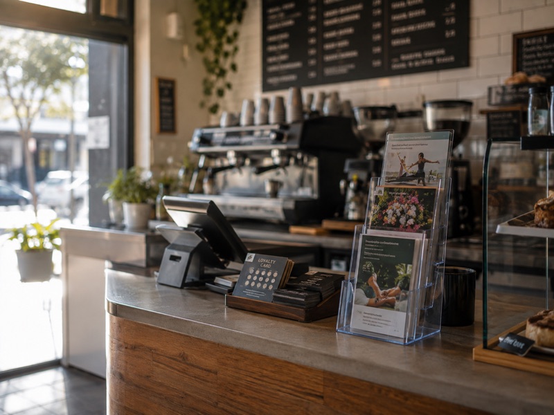 A tiered flyer holder beside the till on a cafe counter