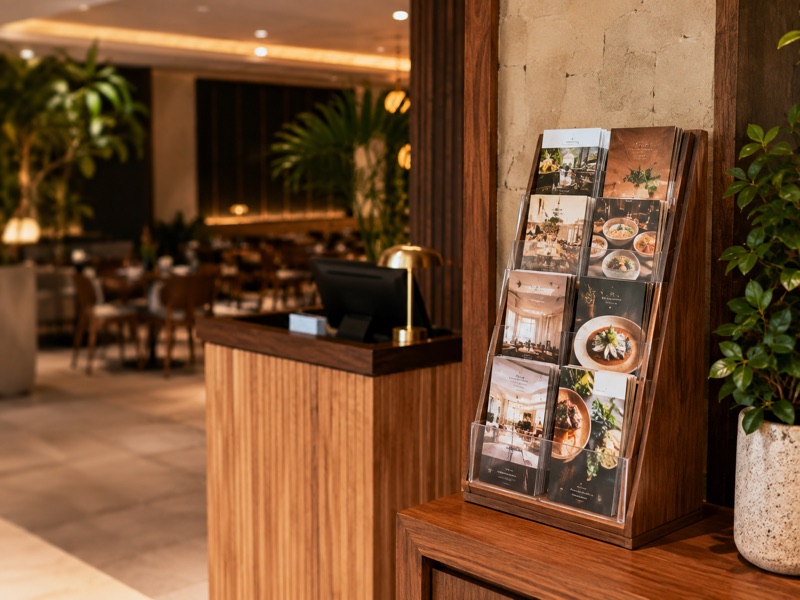 A timber brochure rack of menus and flyers at a restaurant entrance